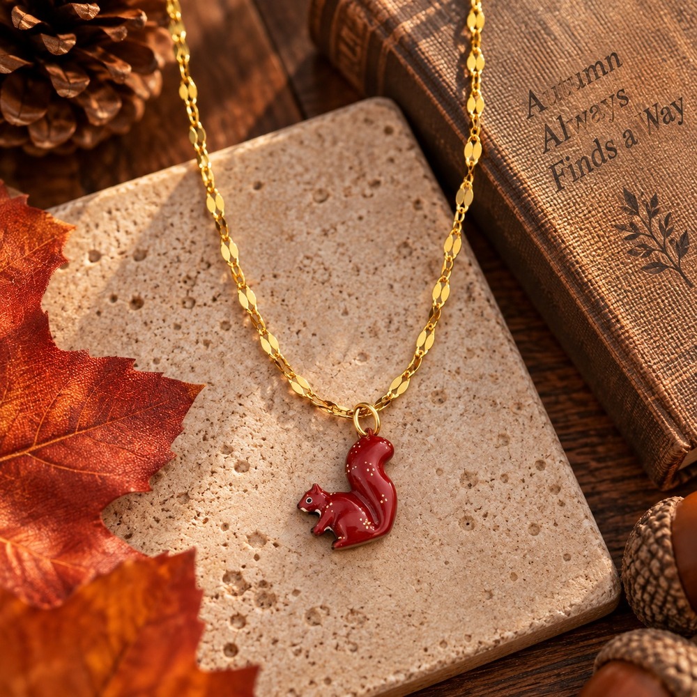 Red Squirrel Necklace Gold Tone Woodland Animal Fall Nature Pendant 18"